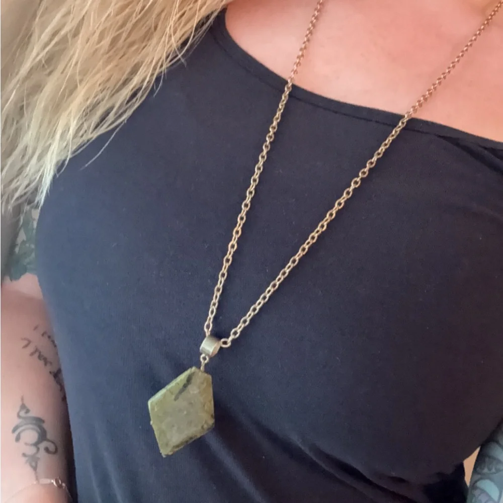 Earthy Green Natural Gemstone Pendant Necklace with Gold-Tone Chain